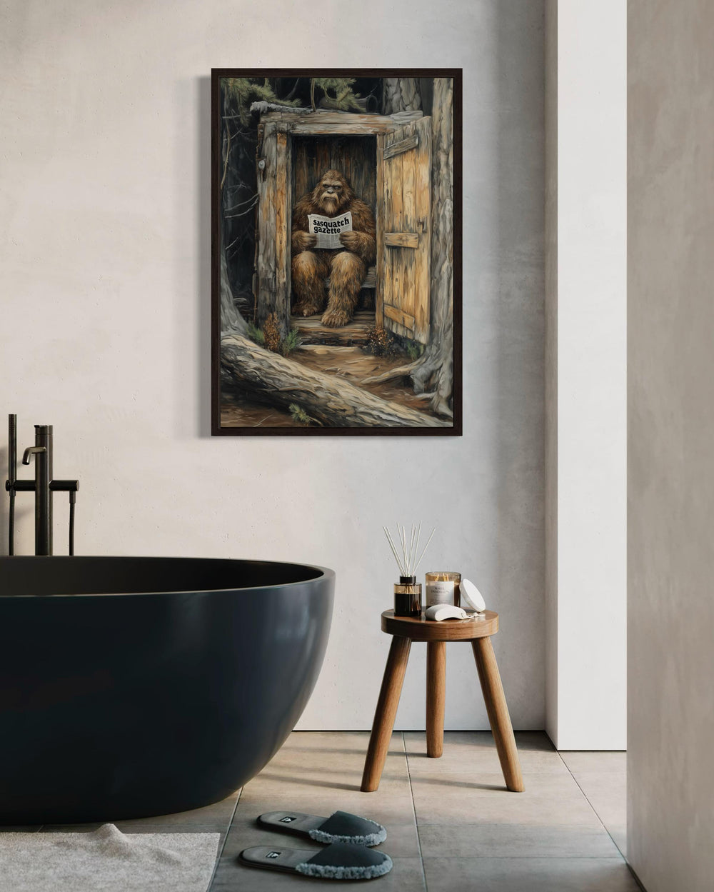 Bigfoot In Outhouse Toilet In The Forest Reading Newspaper Canvas Wall Art