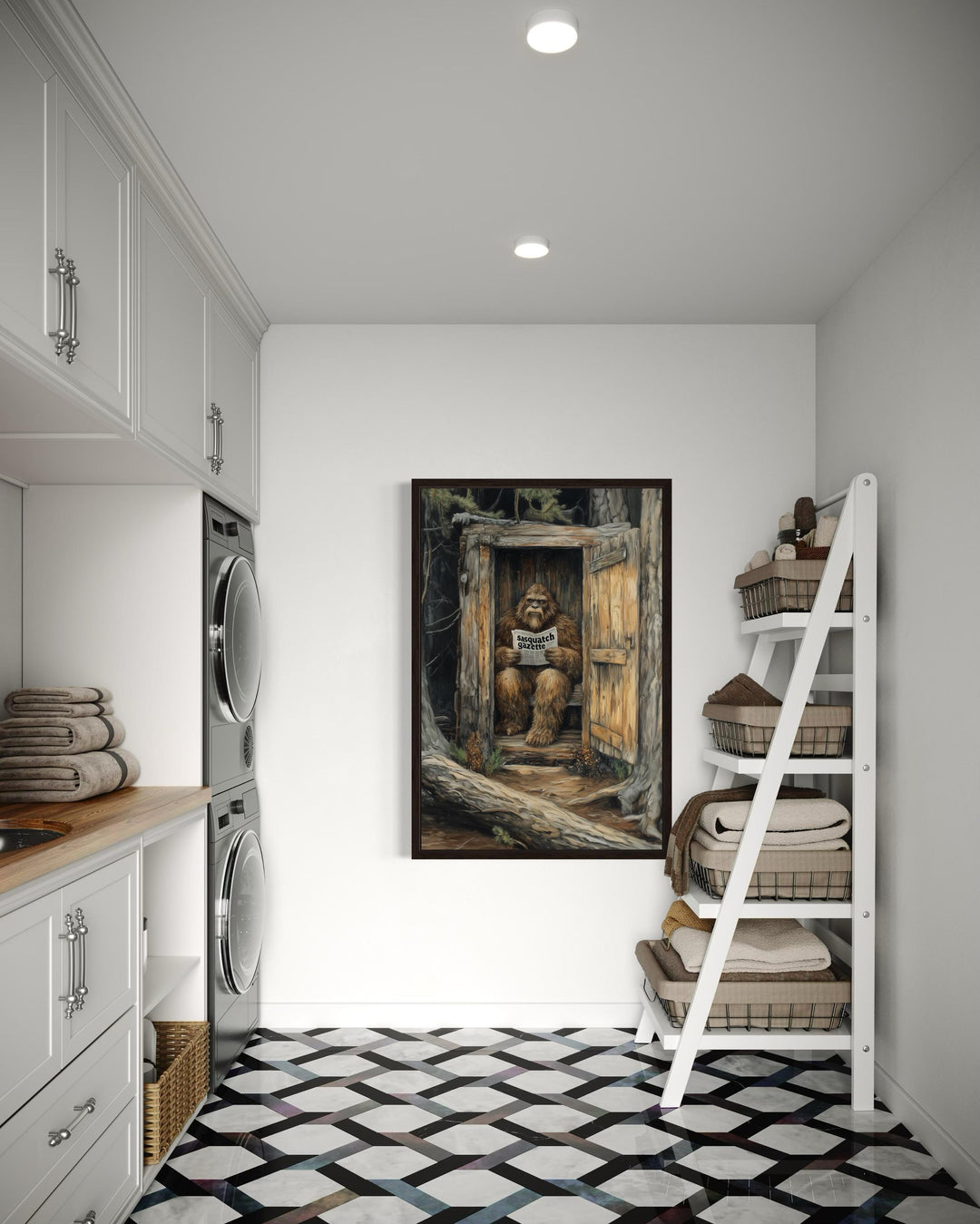 Bigfoot In Outhouse Toilet In The Forest Reading Newspaper Canvas Wall Art