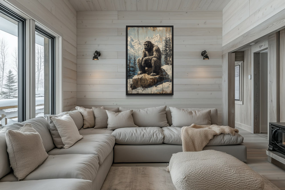 Bigfoot In Snowy Mountains Painting On Wood Framed Canvas Wall Art