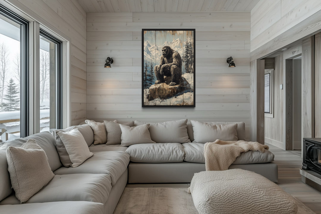 Bigfoot In Snowy Mountains Painting On Wood Framed Canvas Wall Art