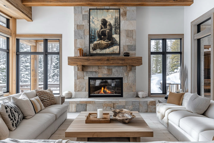 Bigfoot In Snowy Mountains Painting On Wood Framed Canvas Wall Art