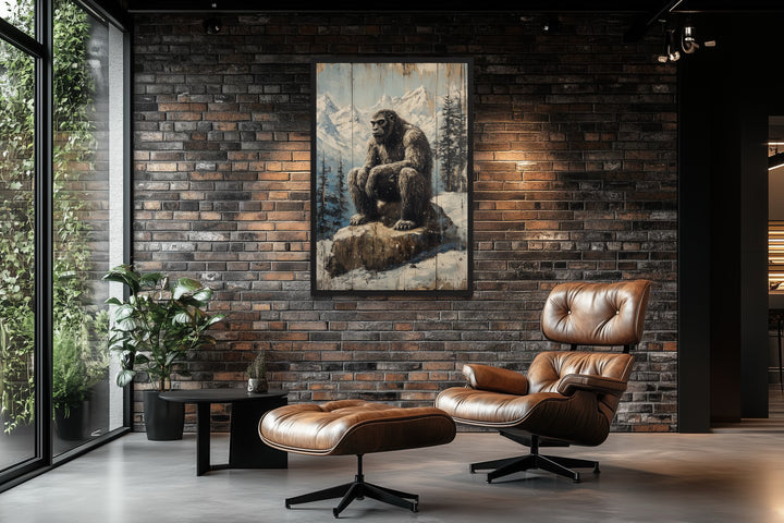 Bigfoot In Snowy Mountains Painting On Wood Framed Canvas Wall Art