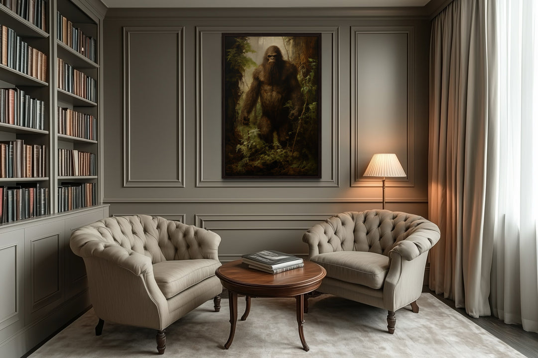 Bigfoot In The Forest Framed Canvas Wall Art