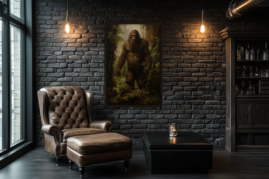 Bigfoot In The Forest Framed Canvas Wall Art