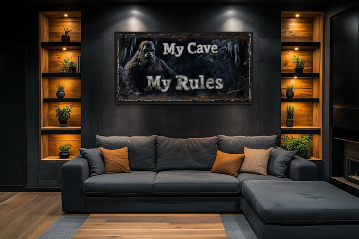 Bigfoot Man Cave Wall Art - My Cave My Rules Canvas Print