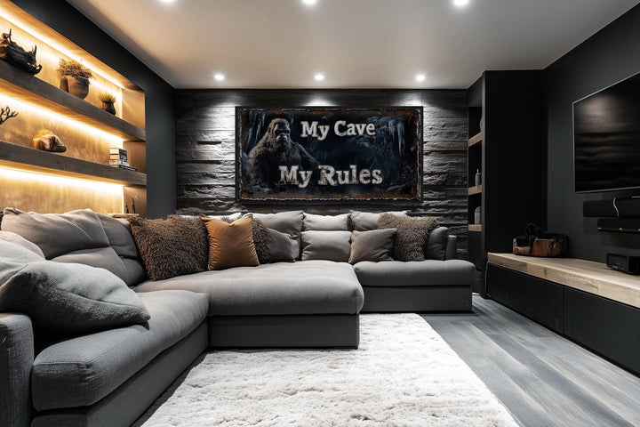Bigfoot Man Cave Wall Art - My Cave My Rules Canvas Print