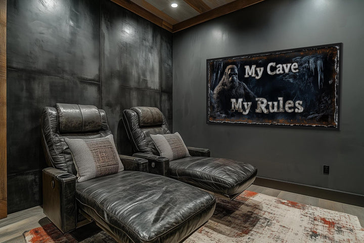 Bigfoot Man Cave Wall Art - My Cave My Rules Canvas Print