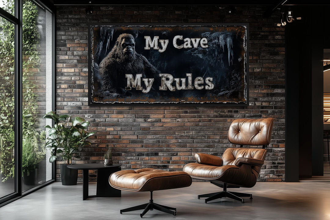Bigfoot Man Cave Wall Art - My Cave My Rules Canvas Print