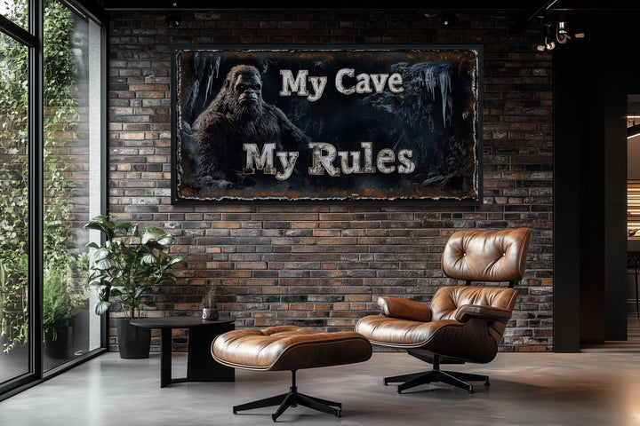Bigfoot Man Cave Wall Art - My Cave My Rules Canvas Print
