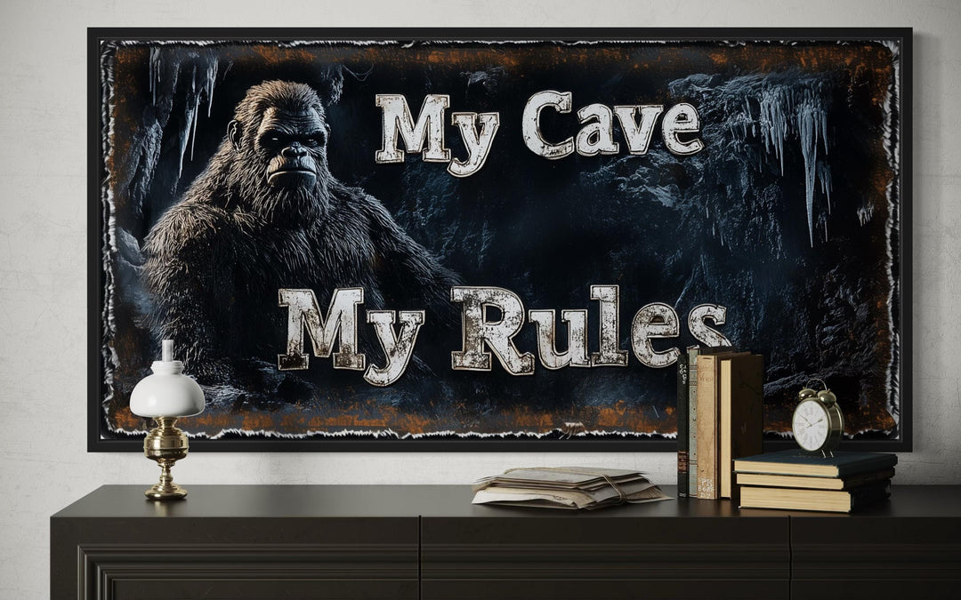 Bigfoot Man Cave Wall Art - My Cave My Rules Canvas Print