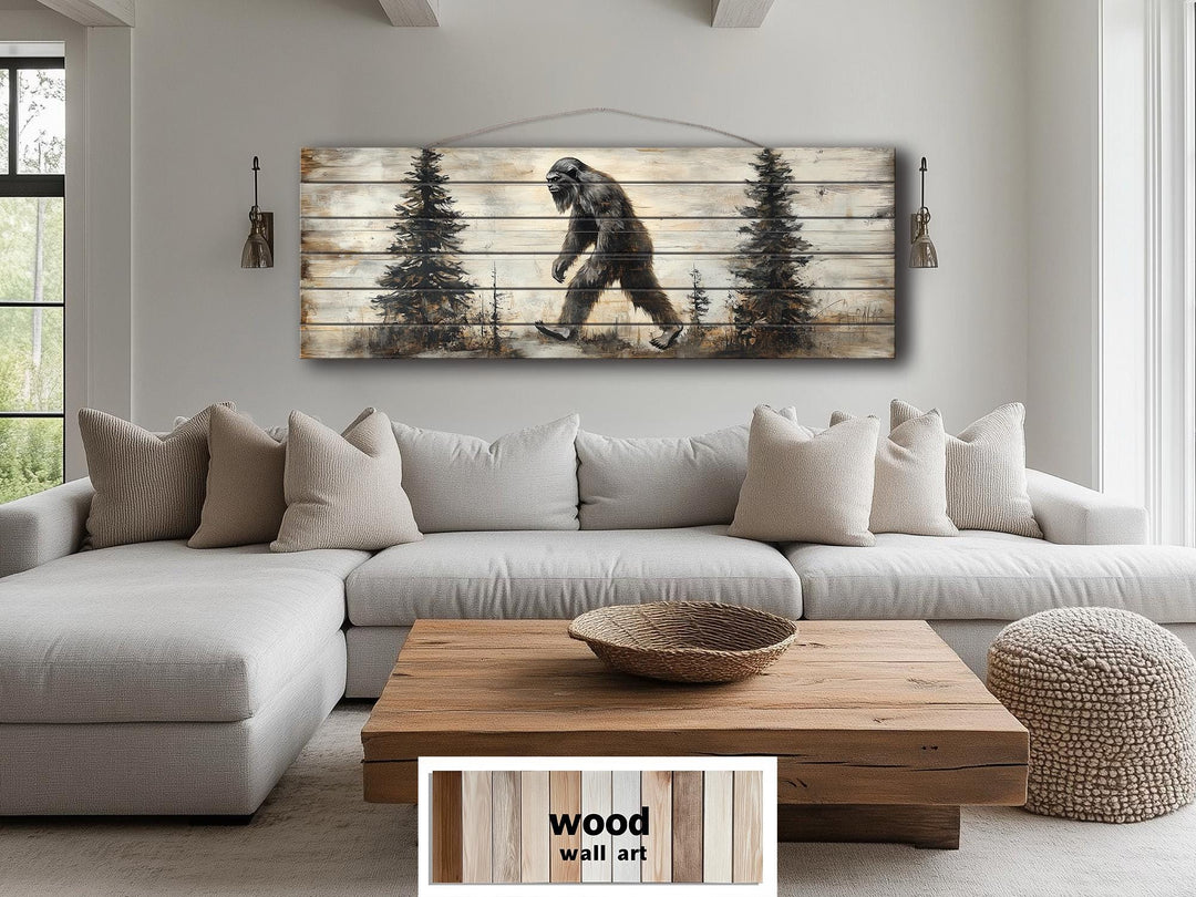Bigfoot Walking In Forest Real Wood Wall Art For Cabin Decor