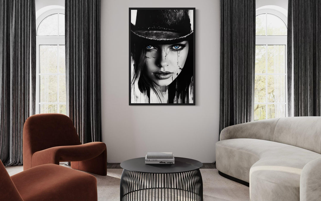 Black And White Cowgirl Portrait With Striking Blue Eyes Wall Art