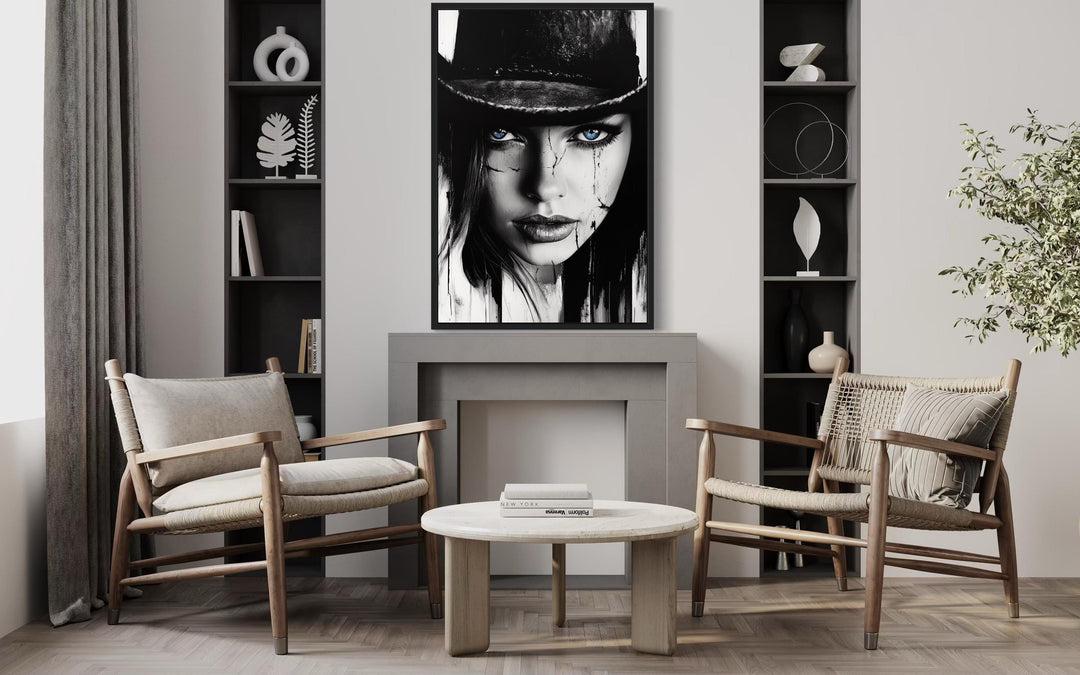 Black And White Cowgirl Portrait With Striking Blue Eyes Wall Art