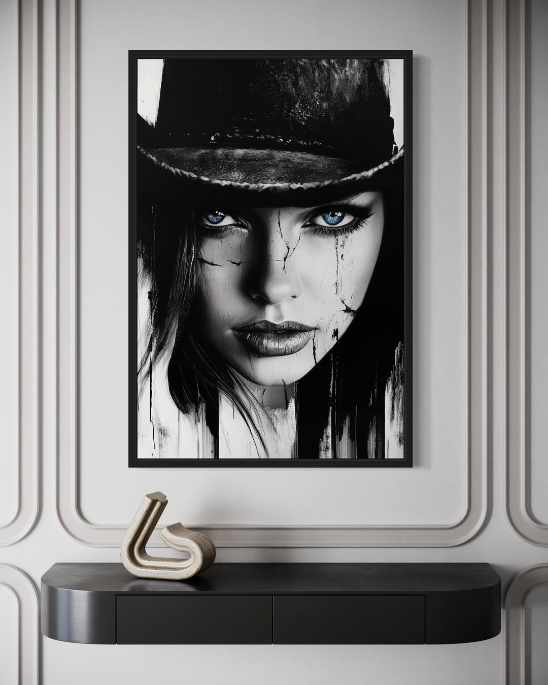 Black And White Cowgirl Portrait With Striking Blue Eyes Wall Art