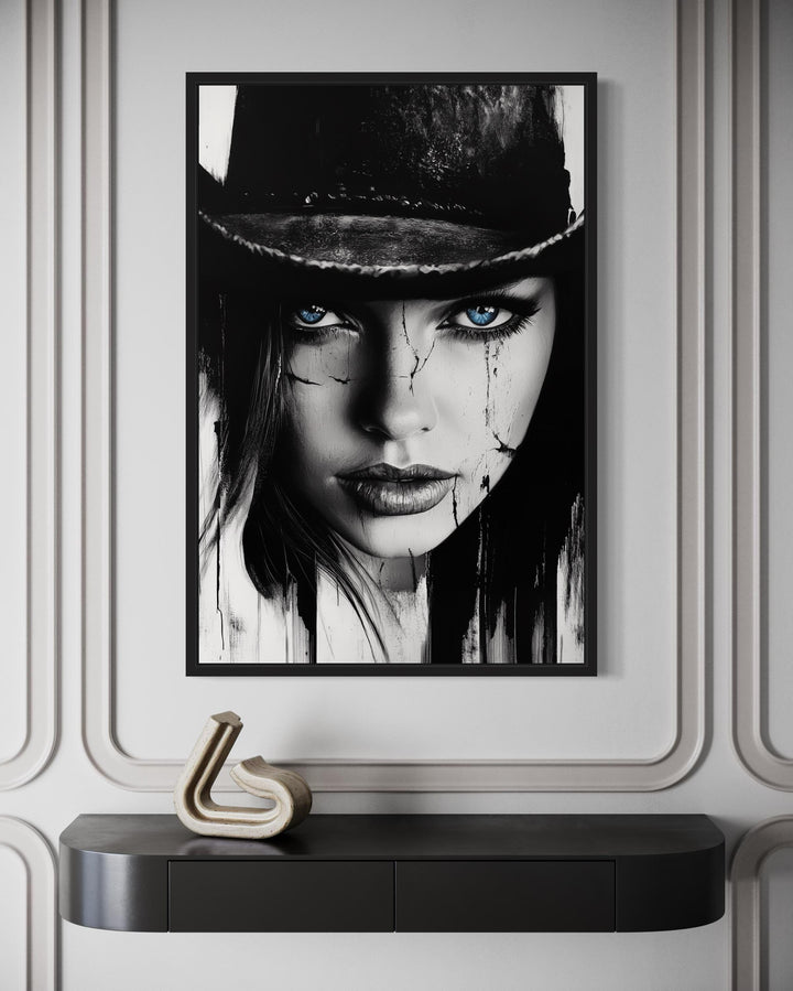 Black And White Cowgirl Portrait With Striking Blue Eyes Wall Art