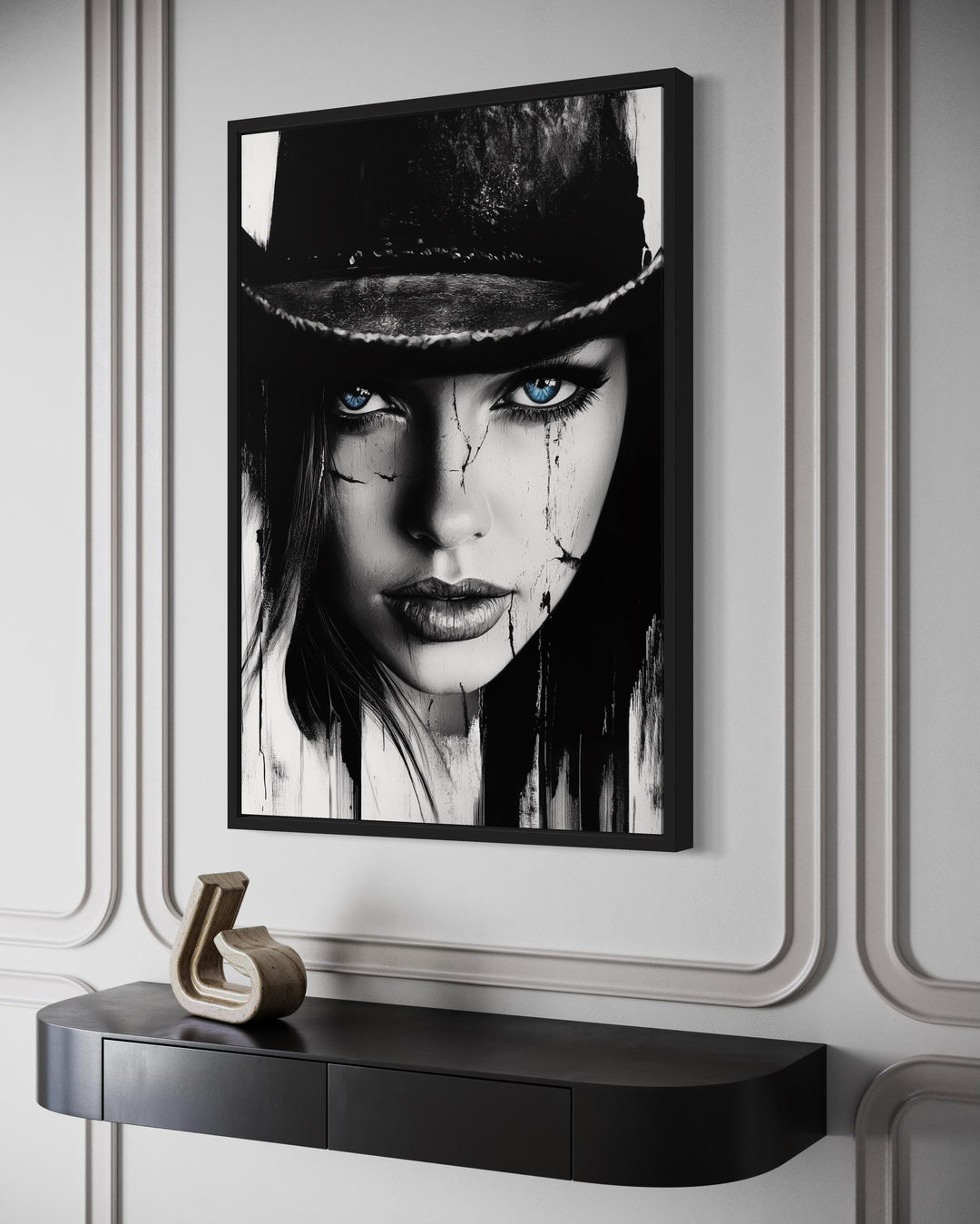 Black And White Cowgirl Portrait With Striking Blue Eyes Wall Art
