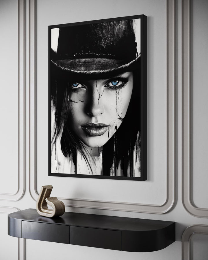 Black And White Cowgirl Portrait With Striking Blue Eyes Wall Art