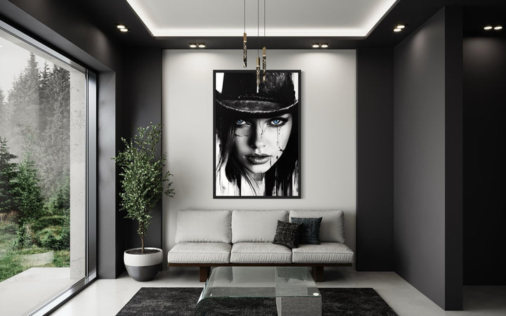 Black And White Cowgirl Portrait With Striking Blue Eyes Wall Art