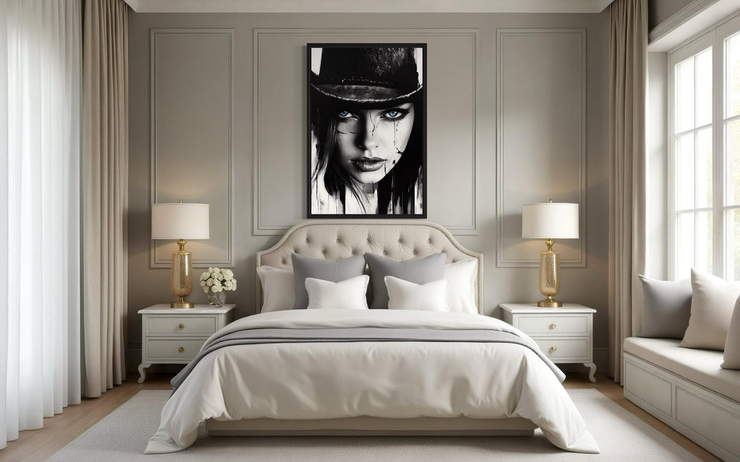 Black And White Cowgirl Portrait With Striking Blue Eyes Wall Art