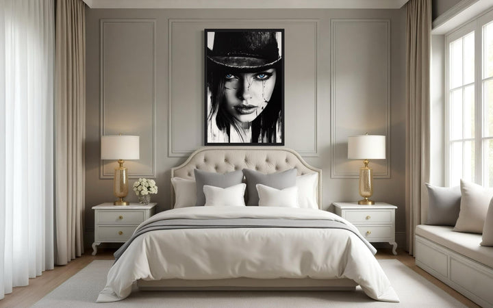 Black And White Cowgirl Portrait With Striking Blue Eyes Wall Art