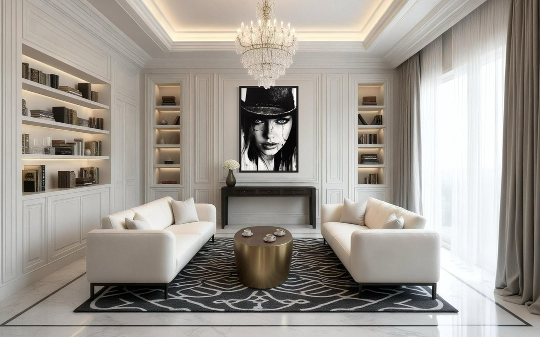 Black And White Cowgirl Portrait With Striking Blue Eyes Wall Art