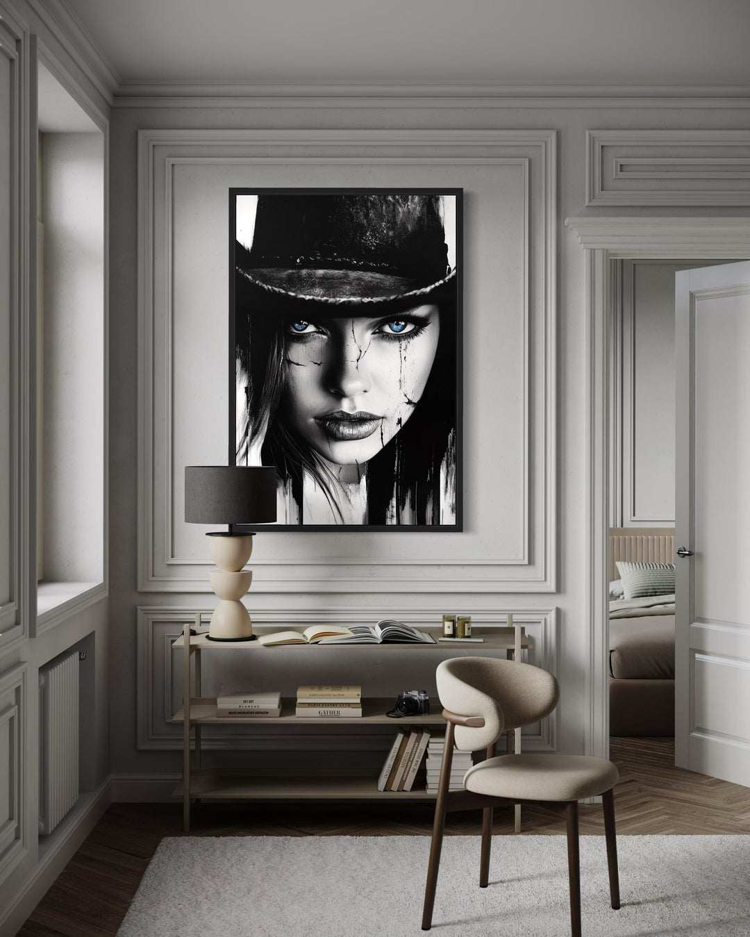 Black And White Cowgirl Portrait With Striking Blue Eyes Wall Art