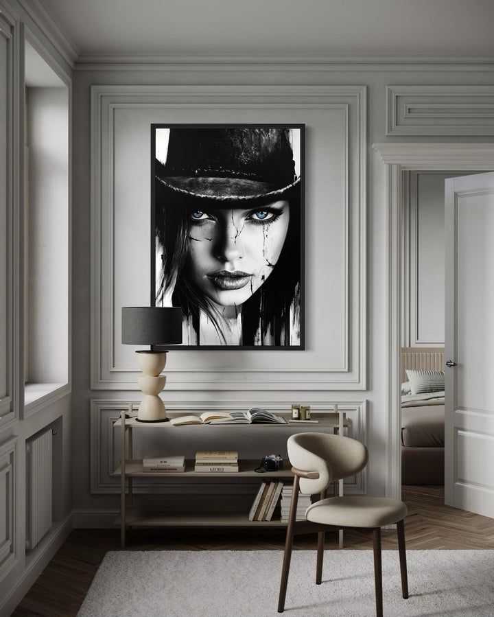 Black And White Cowgirl Portrait With Striking Blue Eyes Wall Art