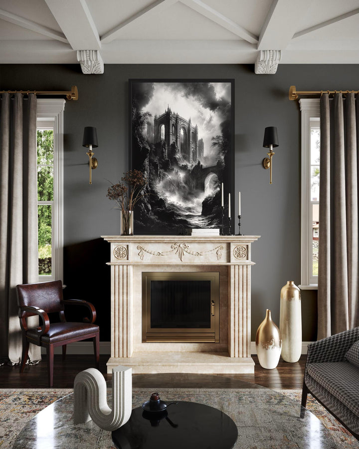 Black And White Gothic Dilapidated Castle Wall Art