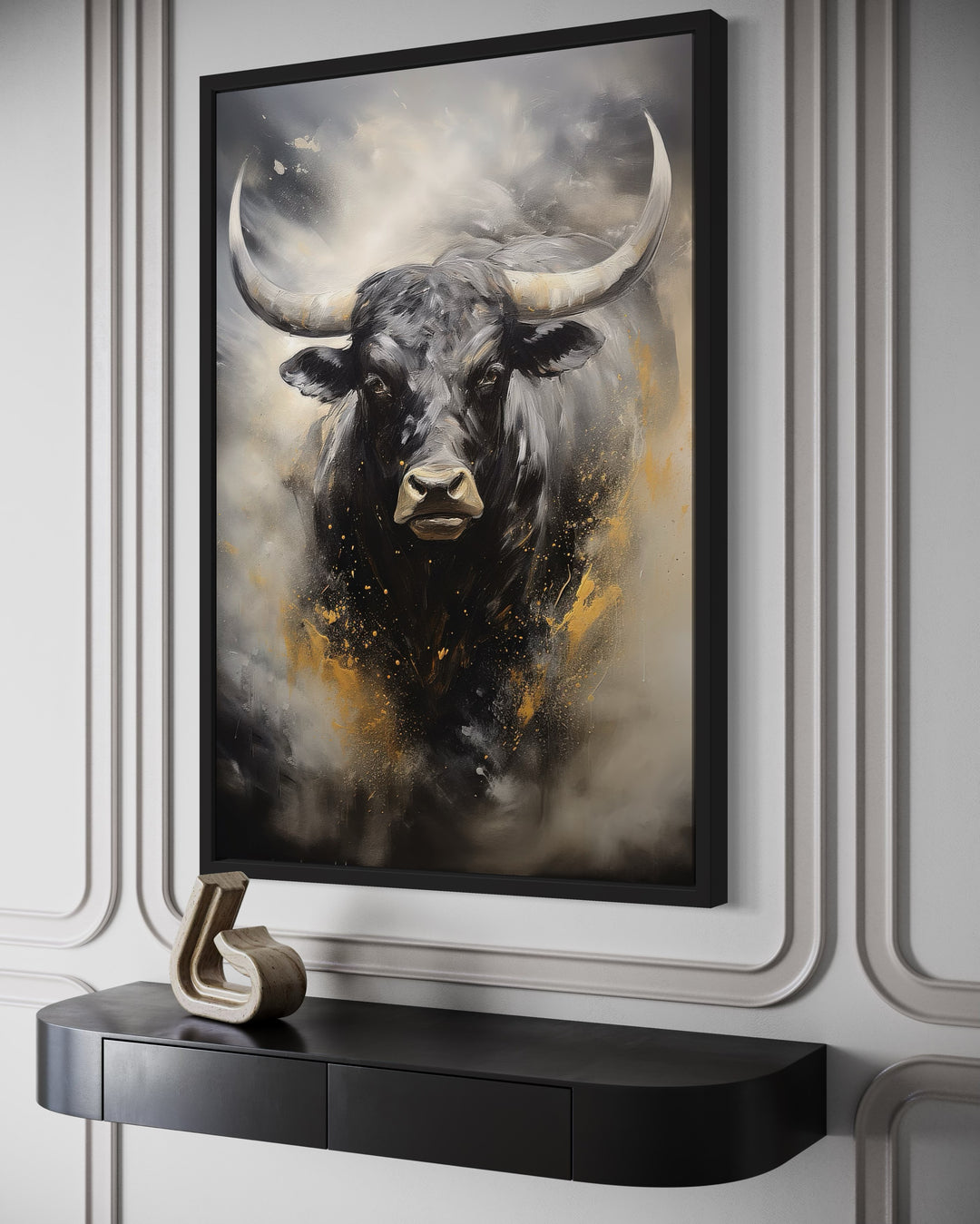 Black Charging Bull Abstract Framed Canvas Wall Art