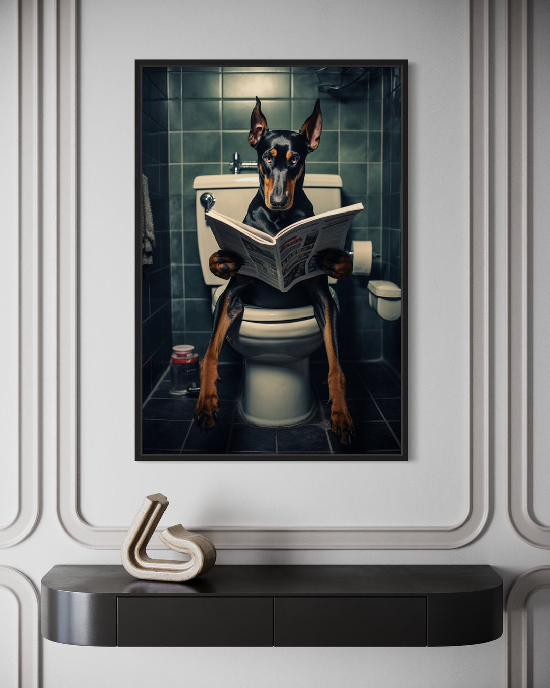 Black Dobermann Dog On The Toilet Reading Newspaper Picture