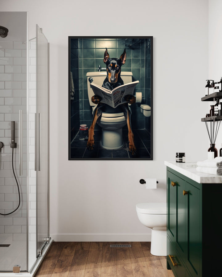Black Dobermann Dog On The Toilet Reading Newspaper Picture