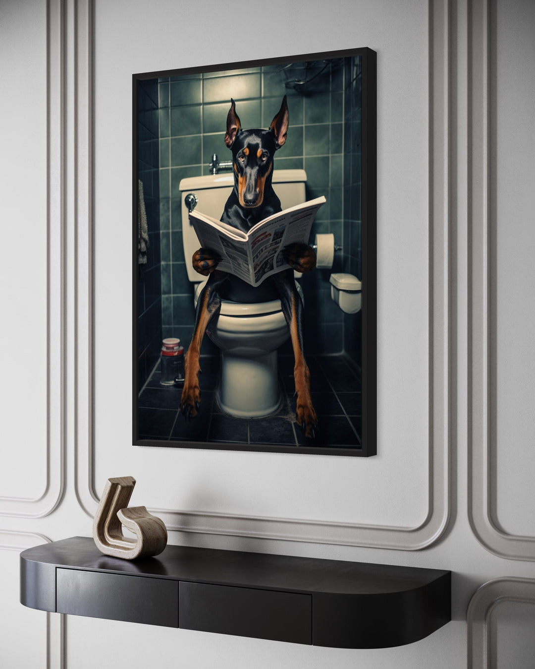 Black Dobermann Dog On The Toilet Reading Newspaper Picture
