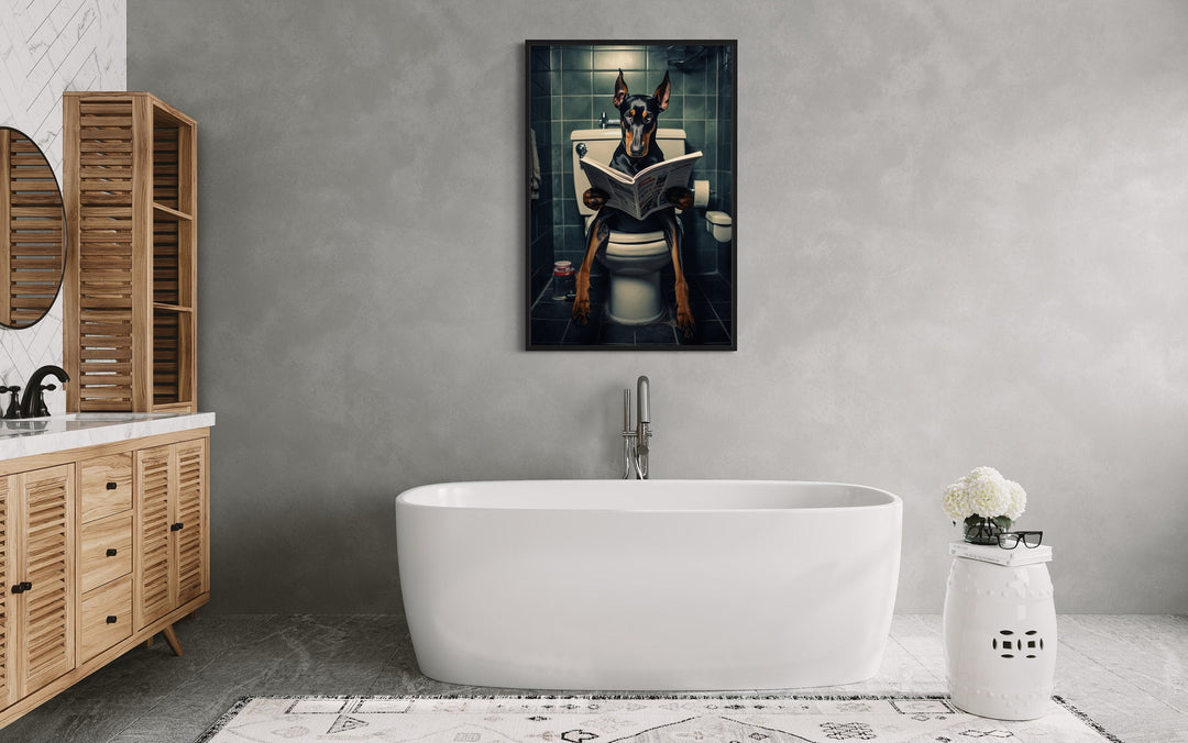 Black Dobermann Dog On The Toilet Reading Newspaper Picture