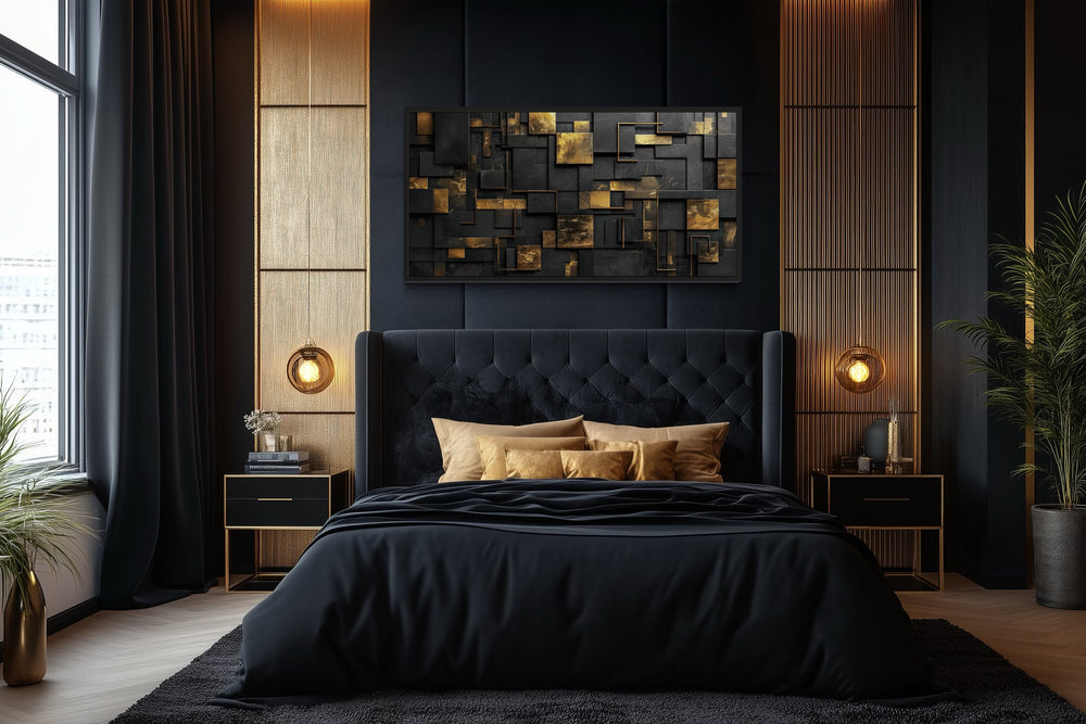 Black Gold Abstract Geometric Framed Canvas Wall Art