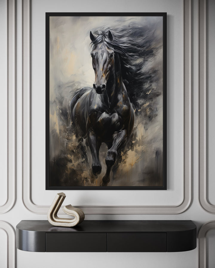 Black Horse Modern Abstract Vertical Painting Extra Large Framed Canvas Wall Art