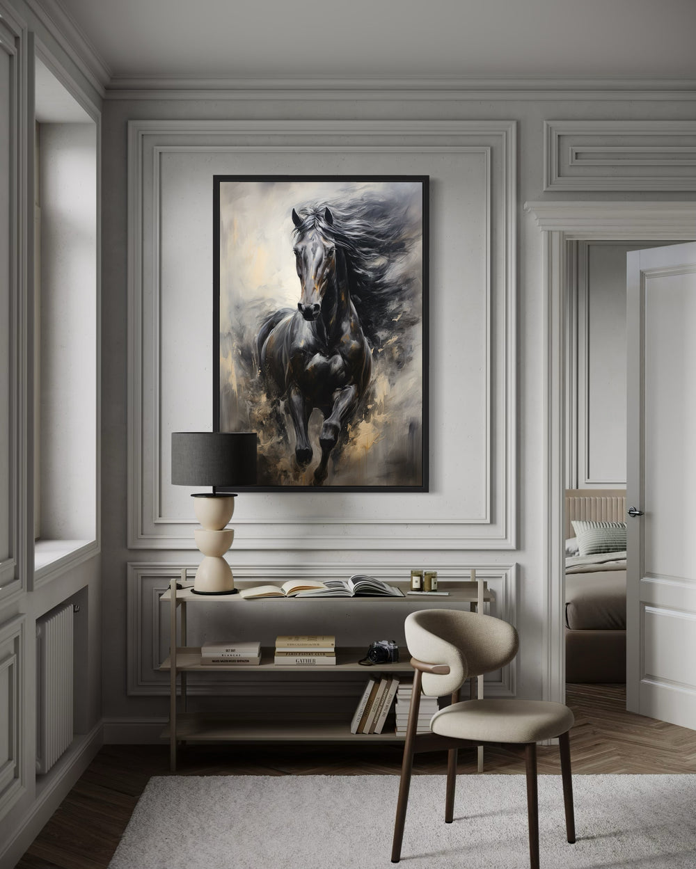 Black Horse Modern Abstract Vertical Painting Extra Large Framed Canvas Wall Art