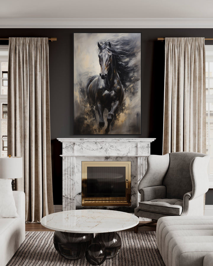Black Horse Modern Abstract Vertical Painting Extra Large Framed Canvas Wall Art