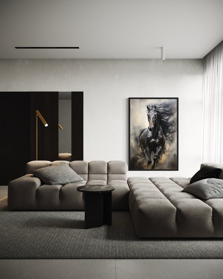 Black Horse Modern Abstract Vertical Painting Extra Large Framed Canvas Wall Art