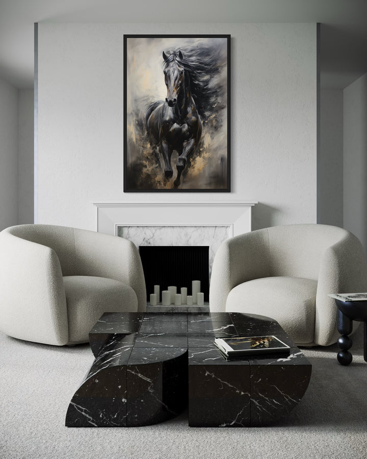 Black Horse Modern Abstract Vertical Painting Extra Large Framed Canvas Wall Art