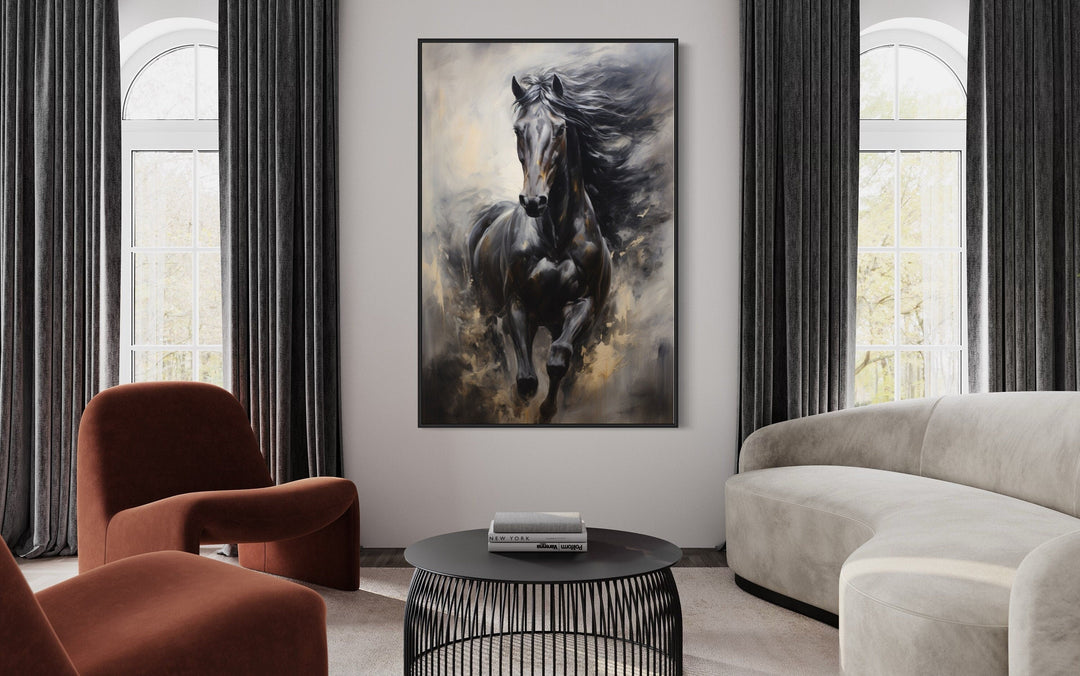 Black Horse Modern Abstract Vertical Painting Extra Large Framed Canvas Wall Art