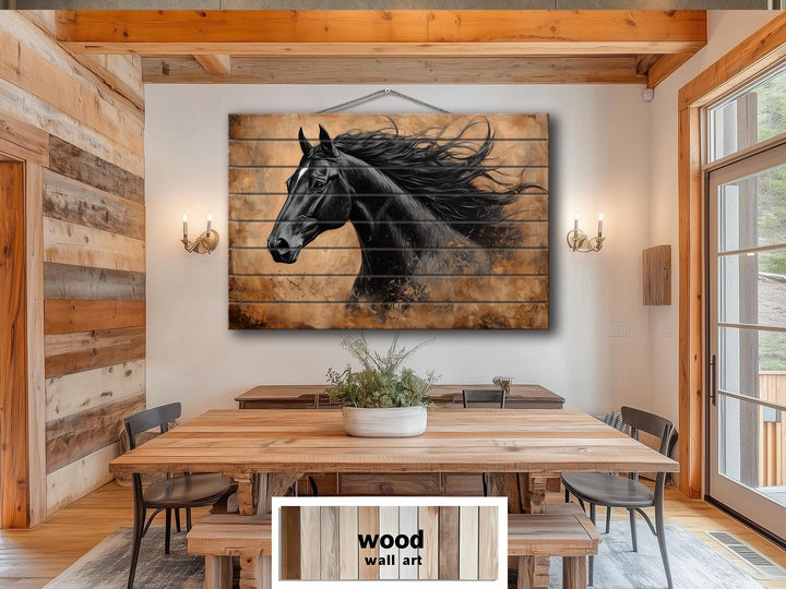 Black Horse Portrait Real Wood Wall Art