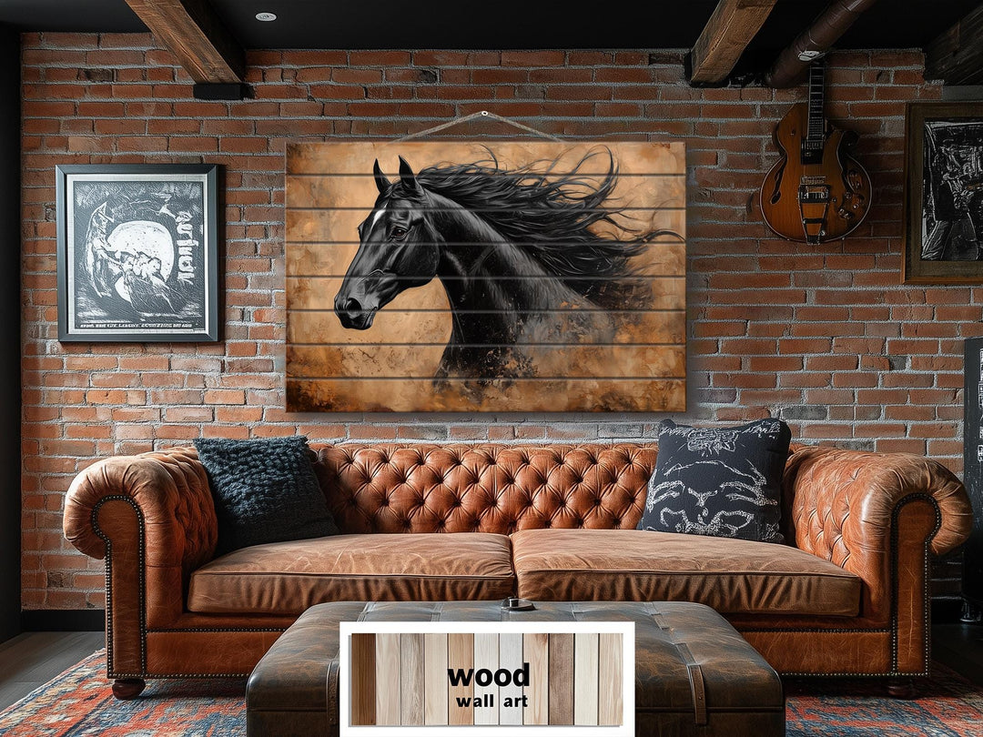 Black Horse Portrait Real Wood Wall Art