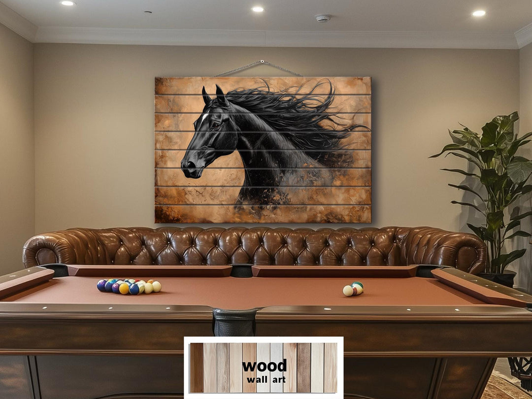 Black Horse Portrait Real Wood Wall Art