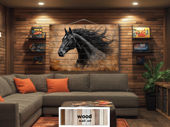 Black Horse Portrait Real Wood Wall Art