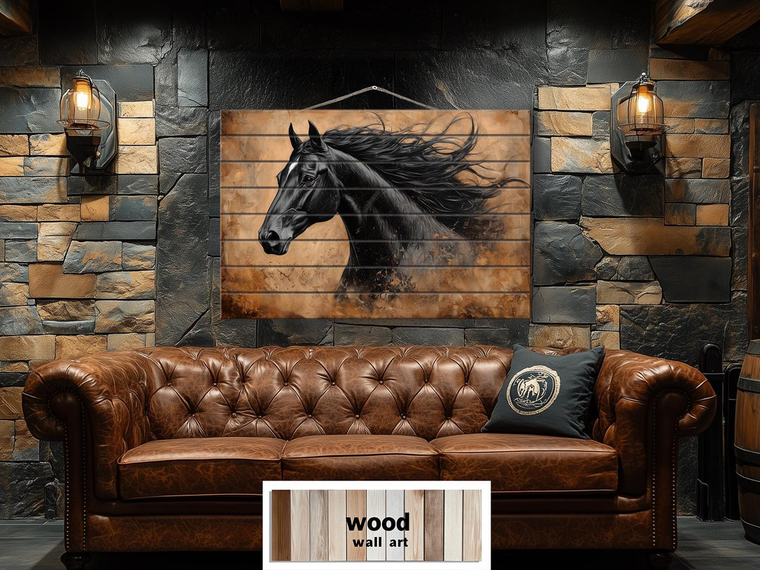 Black Horse Portrait Real Wood Wall Art