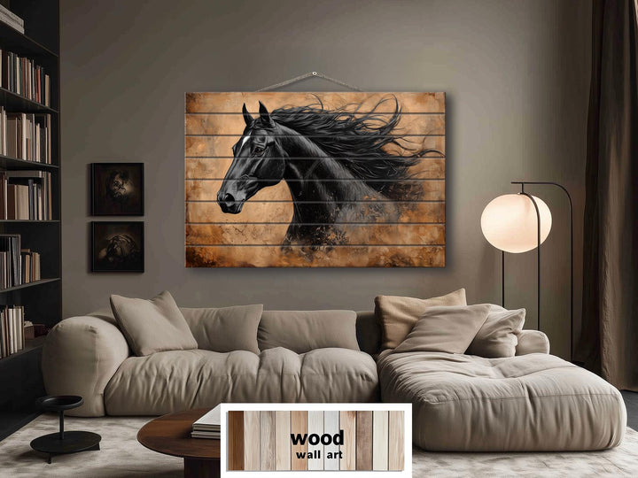 Black Horse Portrait Real Wood Wall Art