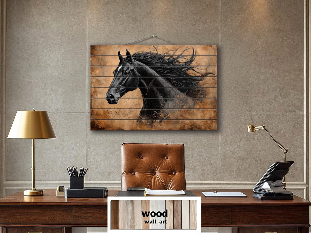 Black Horse Portrait Real Wood Wall Art