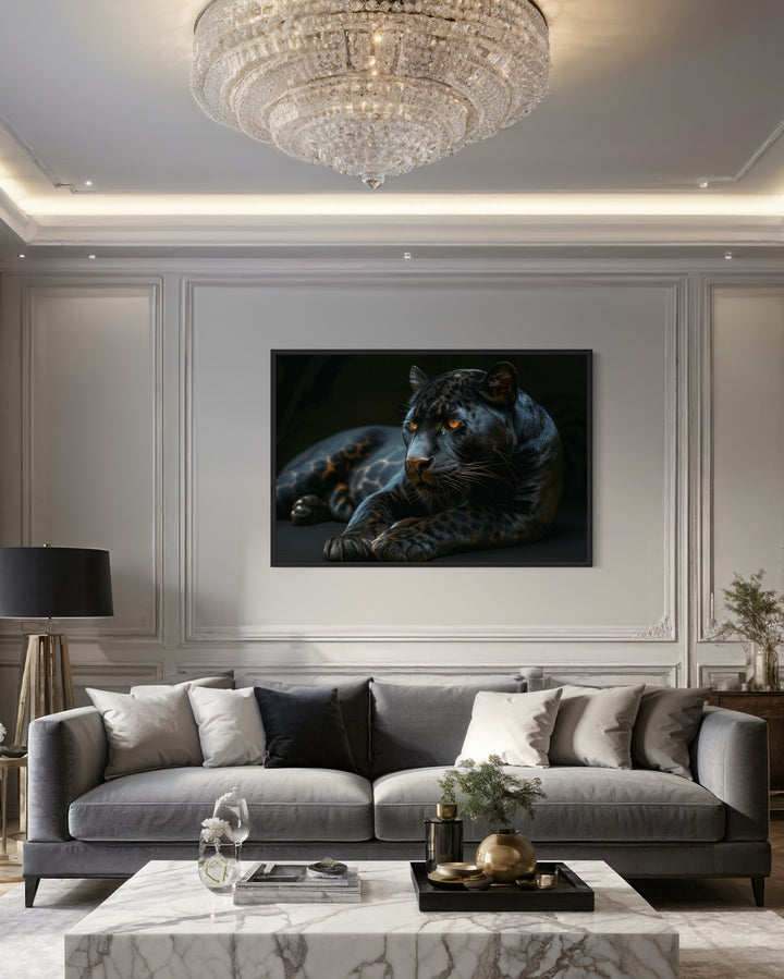 Black Panther On Black Background Framed Canvas Wall Art