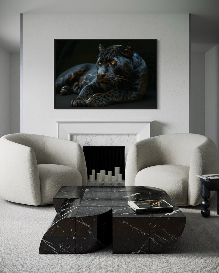 Black Panther On Black Background Framed Canvas Wall Art