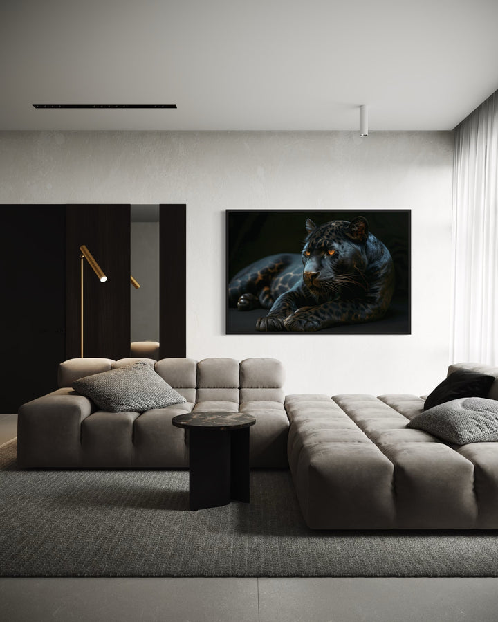 Black Panther On Black Background Framed Canvas Wall Art